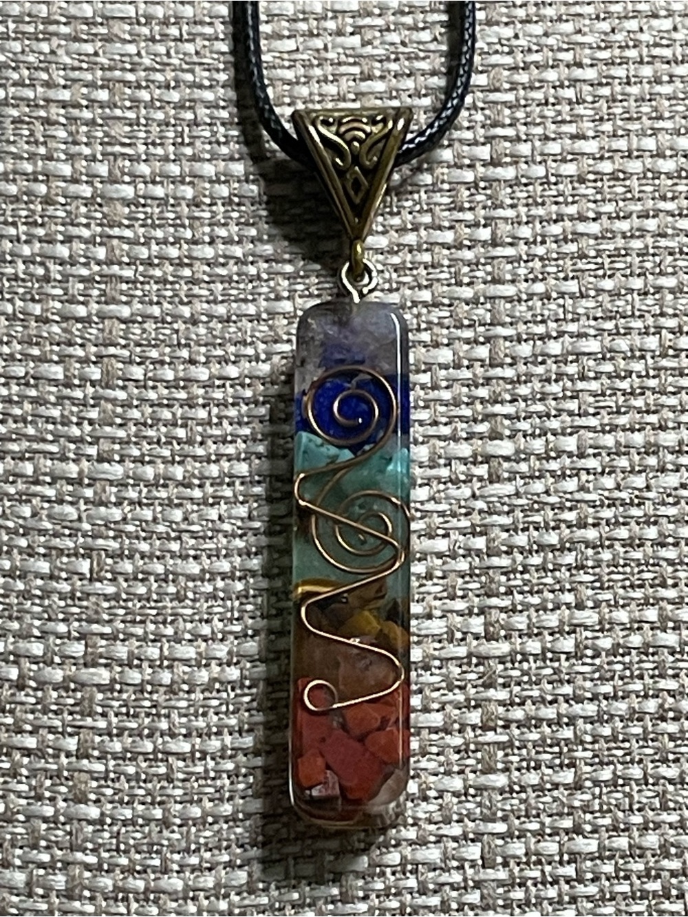Chakra Orgone Pendant  chips in resin 7 gems spiral copper wire Blk silk chord